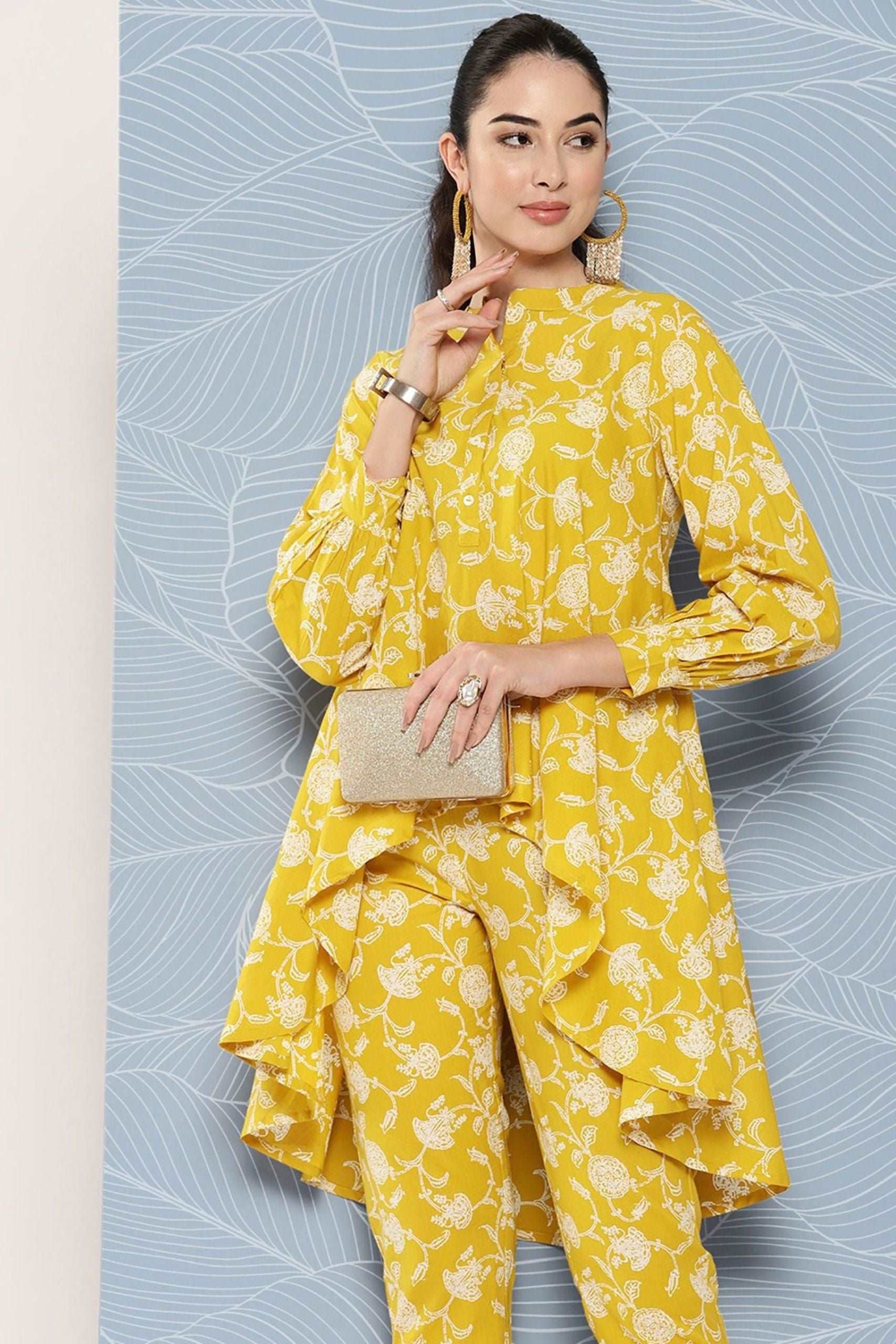 Mustard Cotton Floral Printed Tunic With Pant - Style Like A Diva