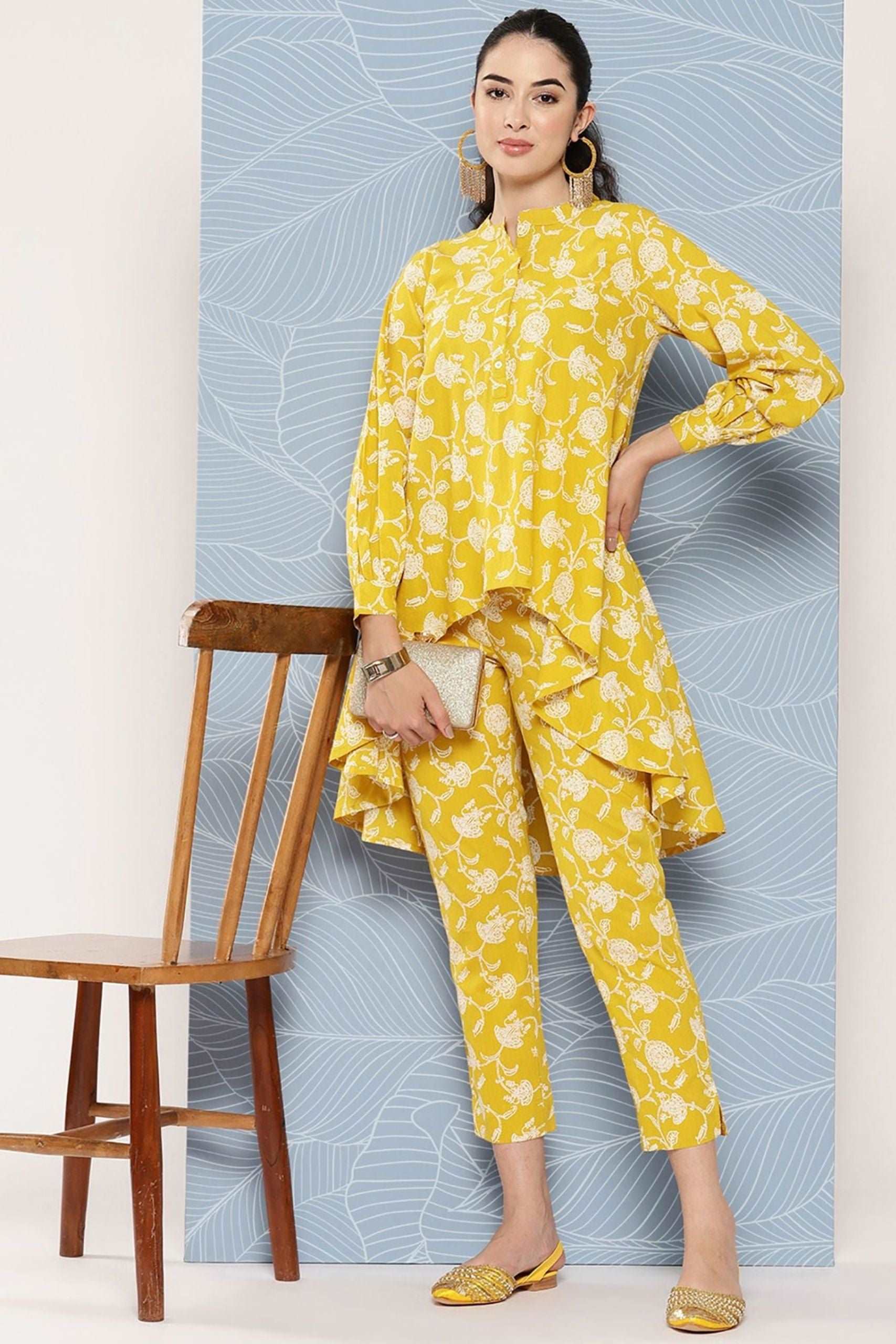 Mustard Cotton Floral Printed Tunic With Pant - Style Like A Diva