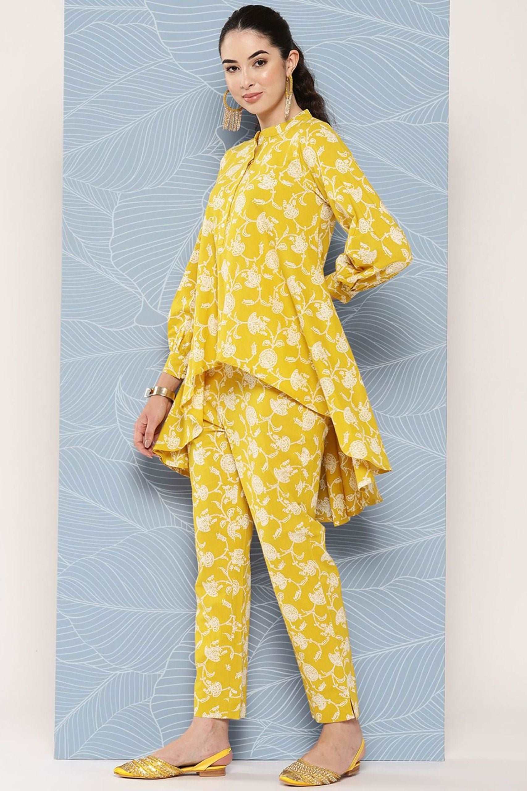 Mustard Cotton Floral Printed Tunic With Pant - Style Like A Diva