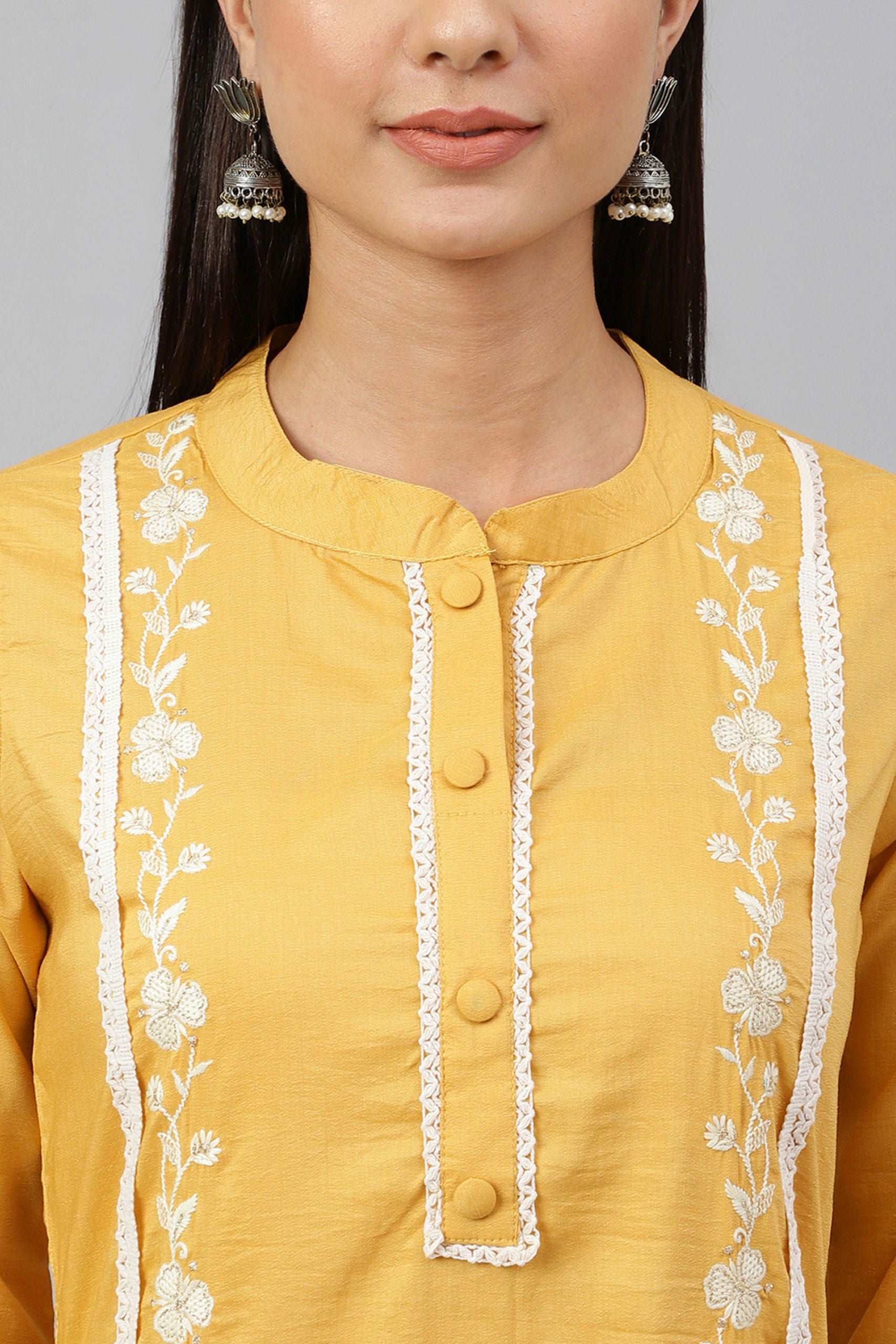 Mustard Poly Silk Floral Embroidery 3 Piece Set - Style Like A Diva