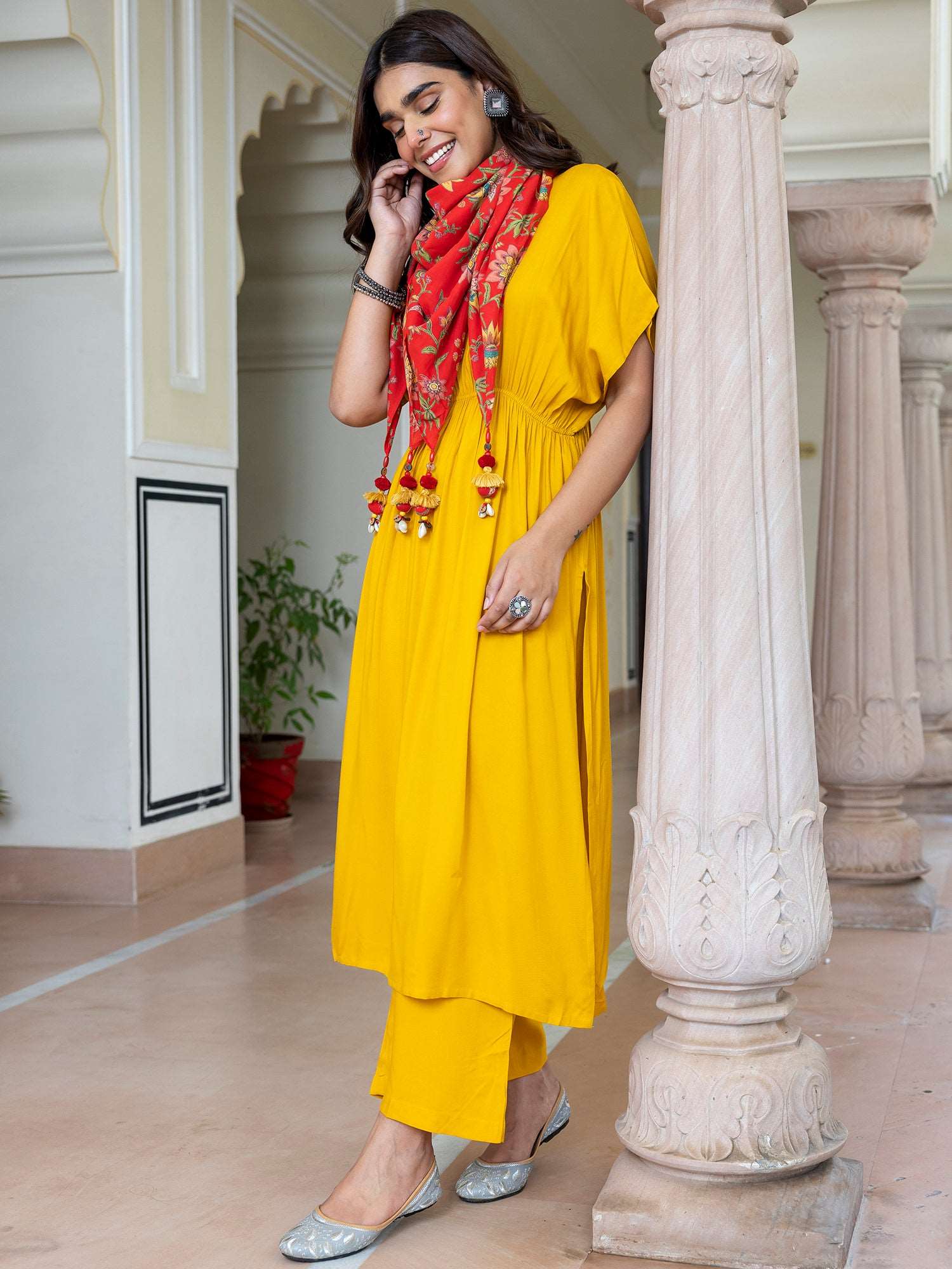 Mustard Rayon Solid Kurta with Palazzo and Scarf - Style Like A Diva