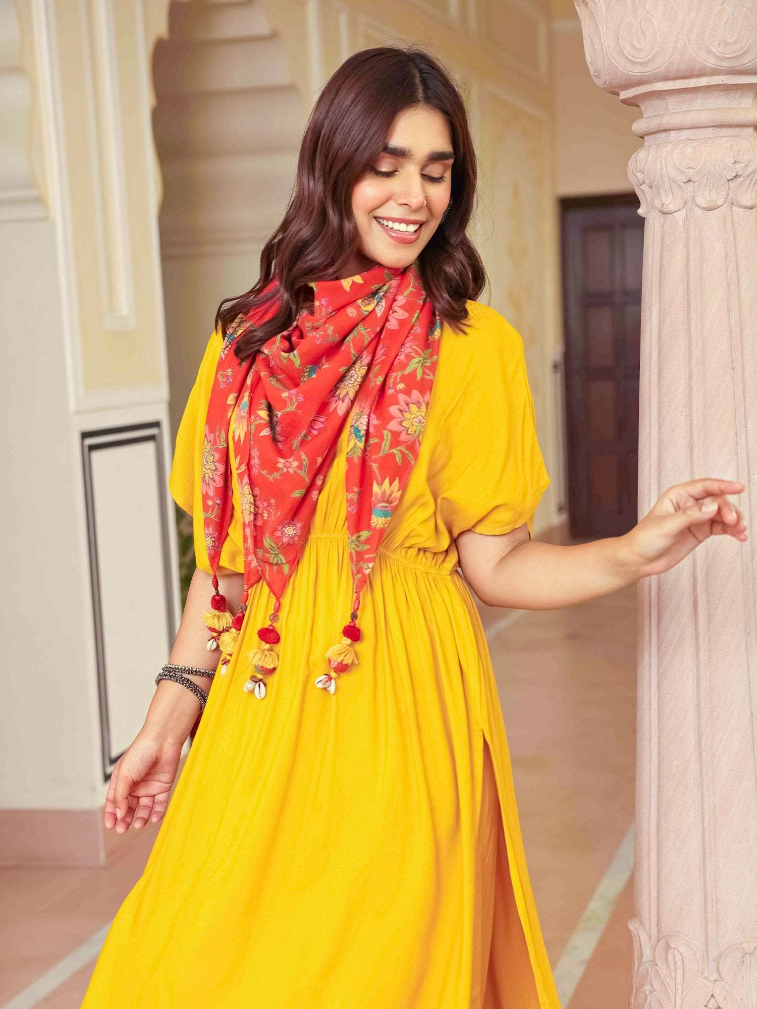 Mustard Rayon Solid Kurta with Palazzo and Scarf - Style Like A Diva