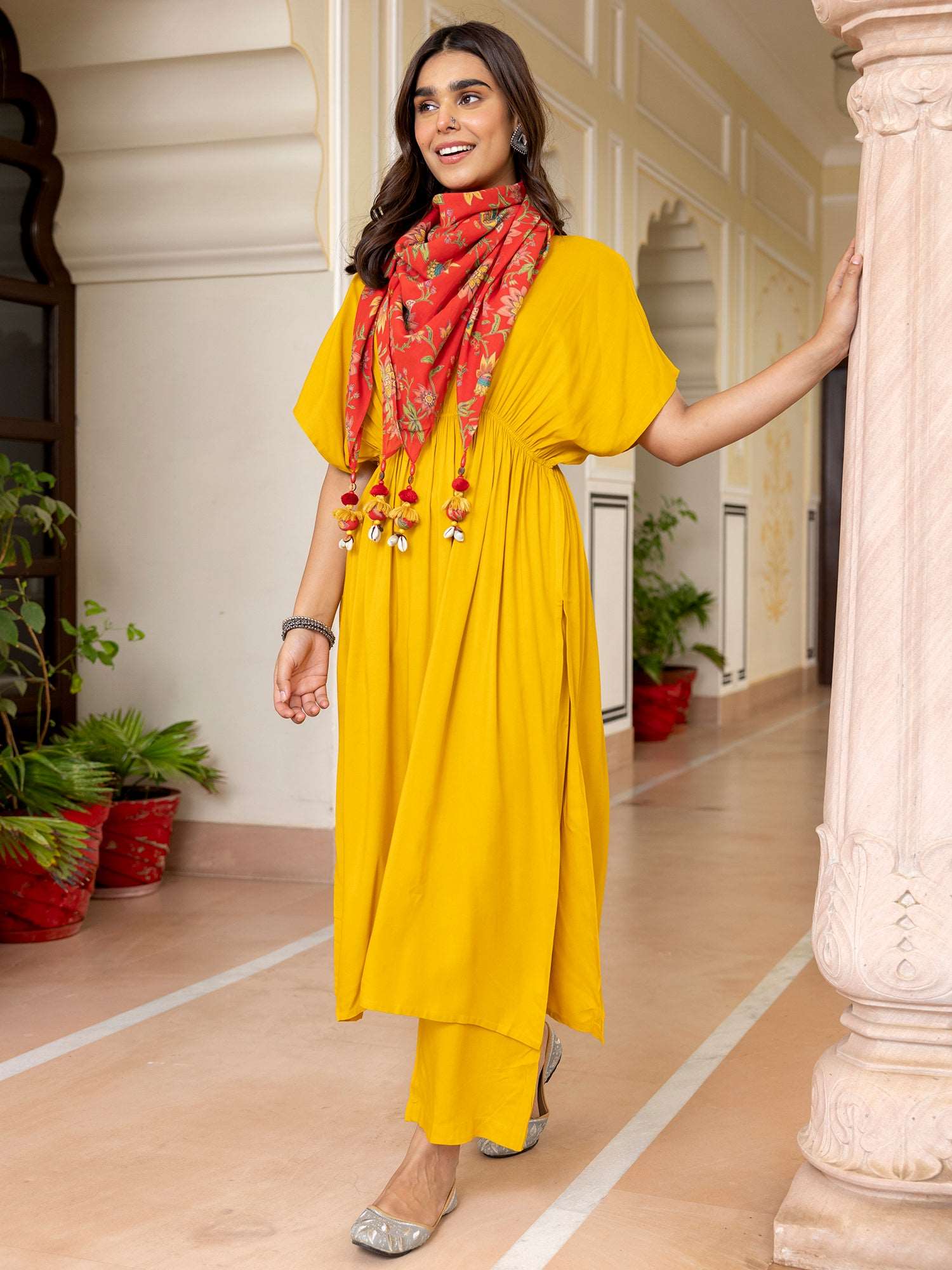 Mustard Rayon Solid Kurta with Palazzo and Scarf - Style Like A Diva