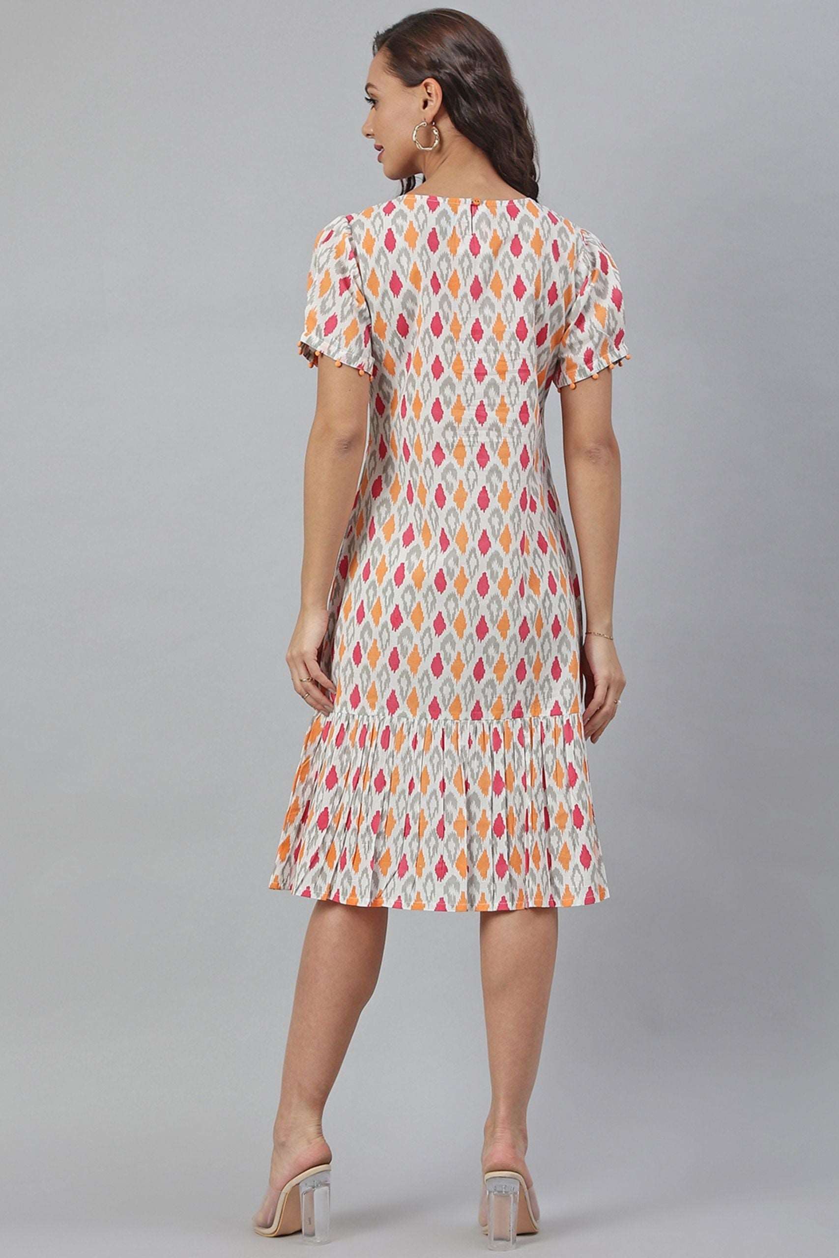 Off White Cotton Printed A - Line Western Dress - Style Like A Diva