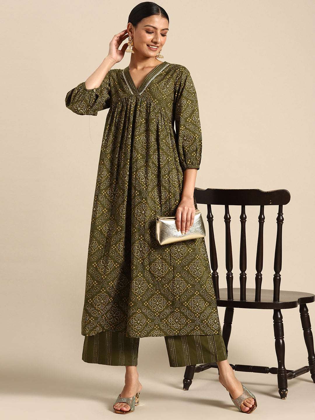 Olive Green Cotton Bandhani Printed Kurta Set - Style Like A Diva