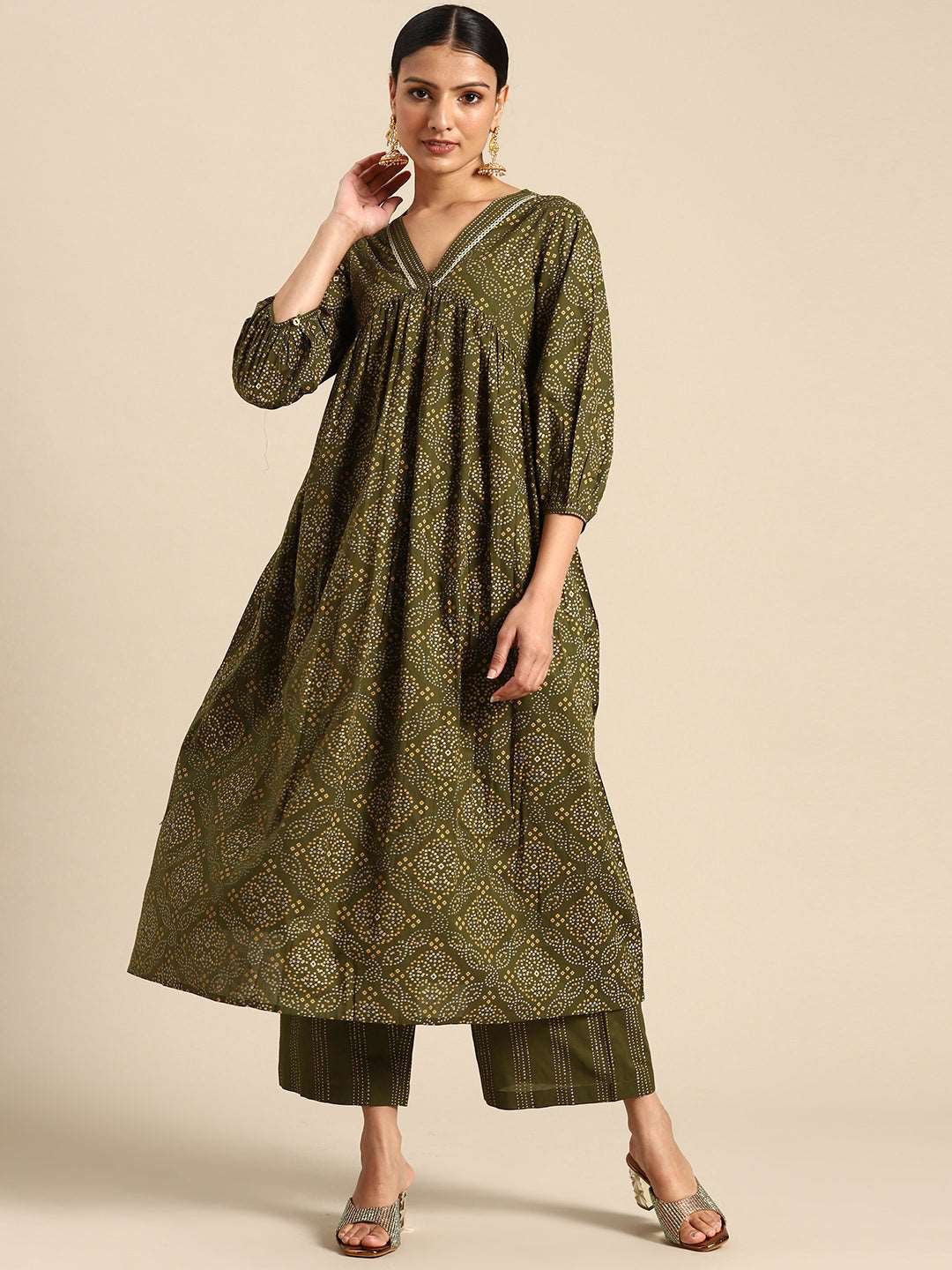 Olive Green Cotton Bandhani Printed Kurta Set - Style Like A Diva