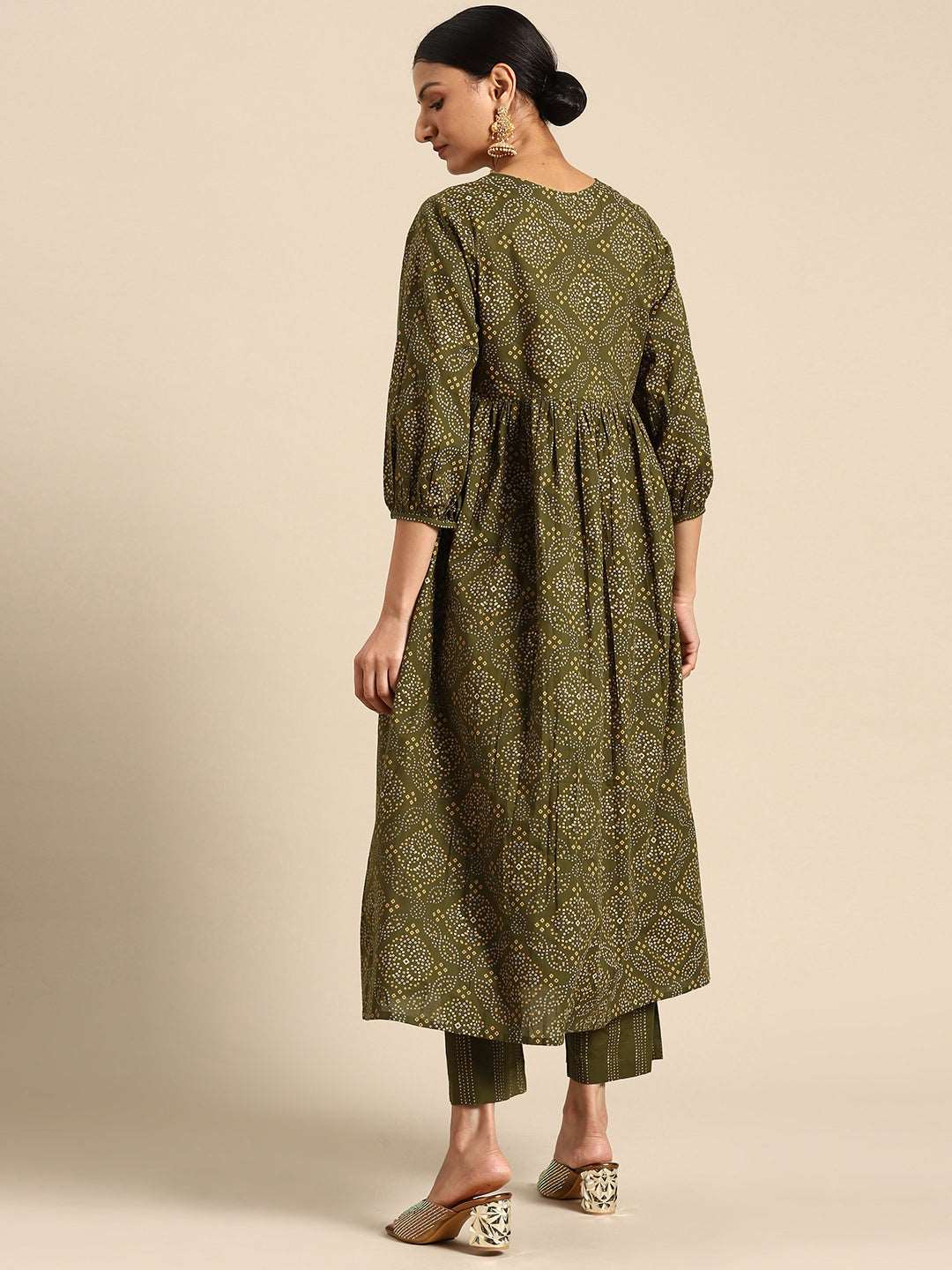 Olive Green Cotton Bandhani Printed Kurta Set - Style Like A Diva