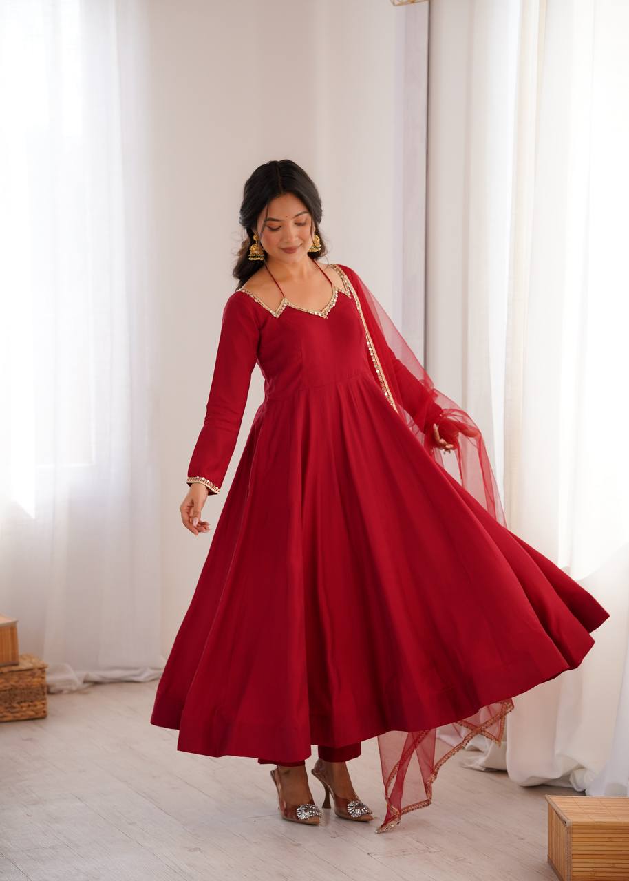 Regal Roman Silk Chanderi Anarkali Set – Dark Pink & Maroon