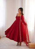 Regal Roman Silk Chanderi Anarkali Set – Dark Pink & Maroon