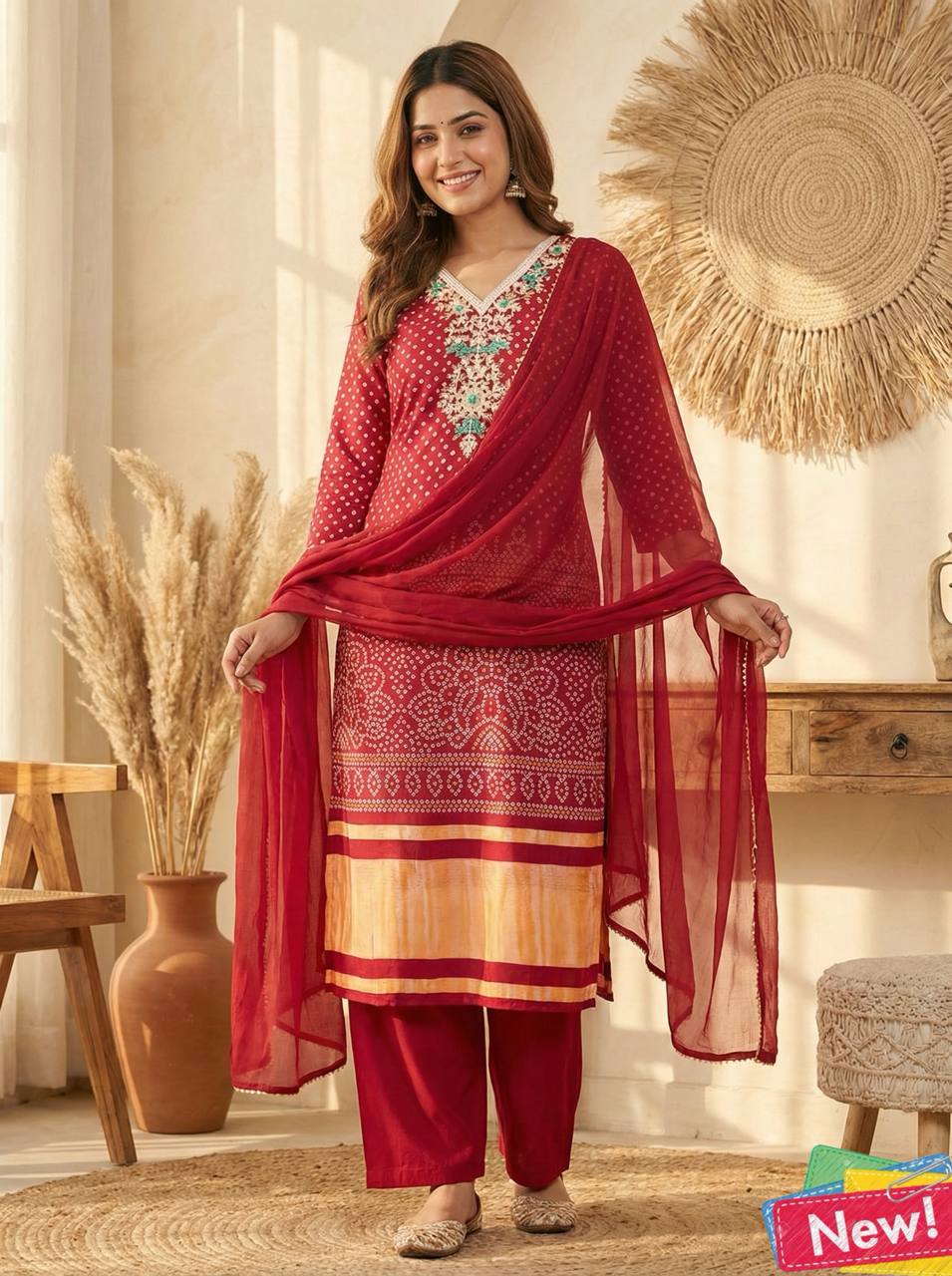 Maroon Bandhani Chinon Suit Set