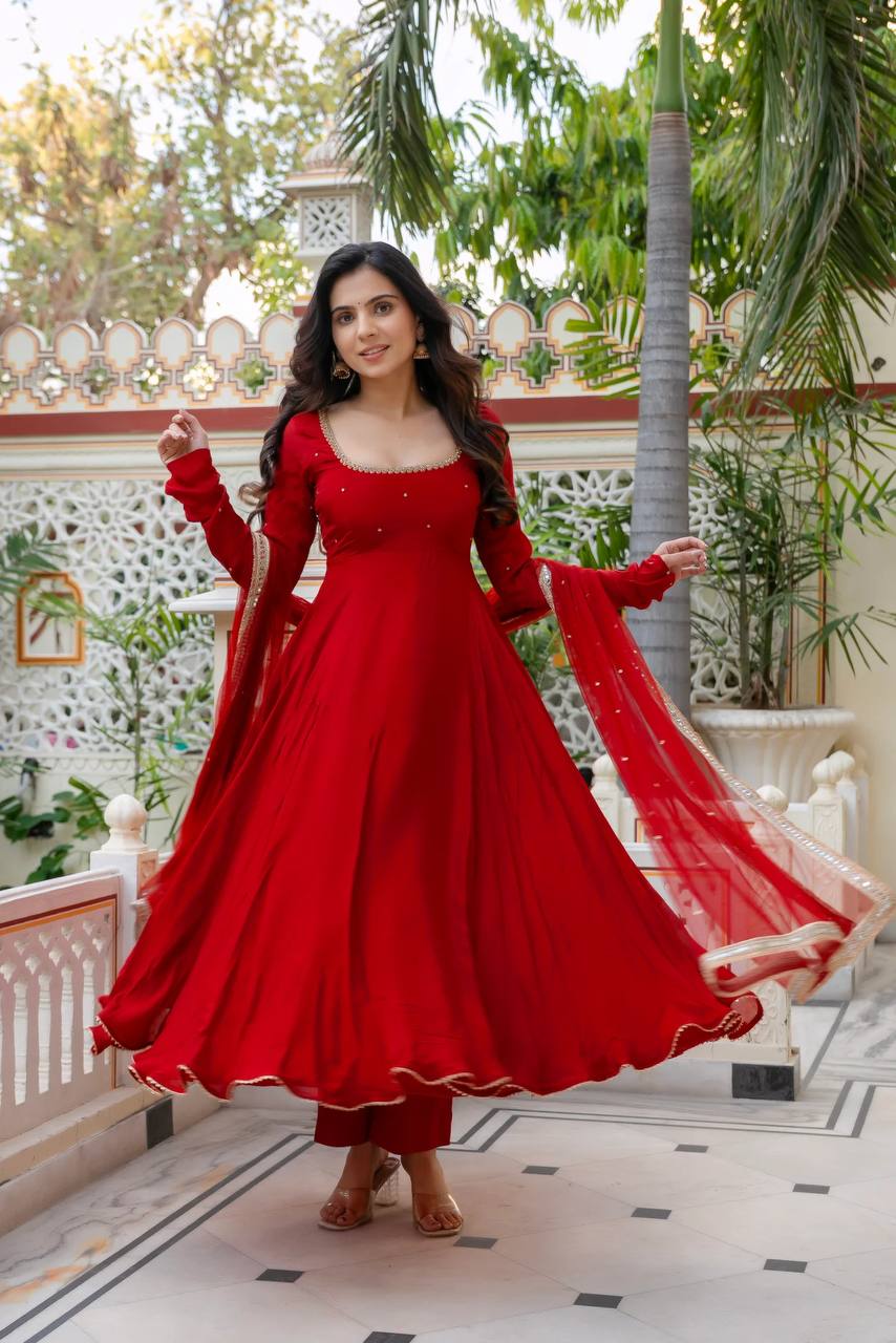 Red Karishma Silk 3-Piece Anarkali Set