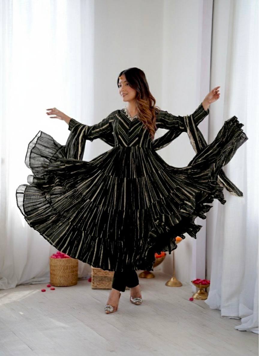 Women’s Ethnic Mal Chanderi Mirror Work Ruffle Gown Set with Pant & Dupatta