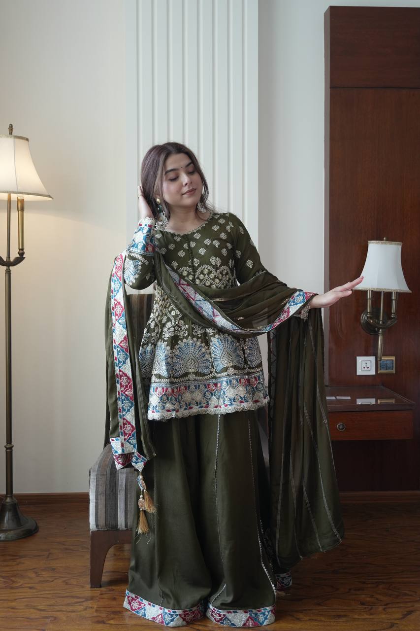 Elegant Chinon Sequins Embroidered Top with Kali Palazzo Set