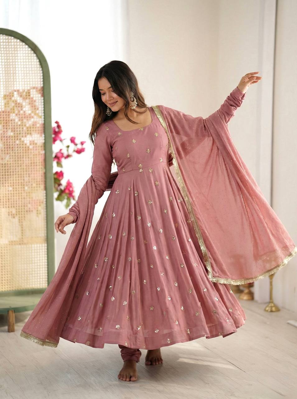 Roman Silk Embroidered Anarkali Suit Set with Jarkan Dupatta