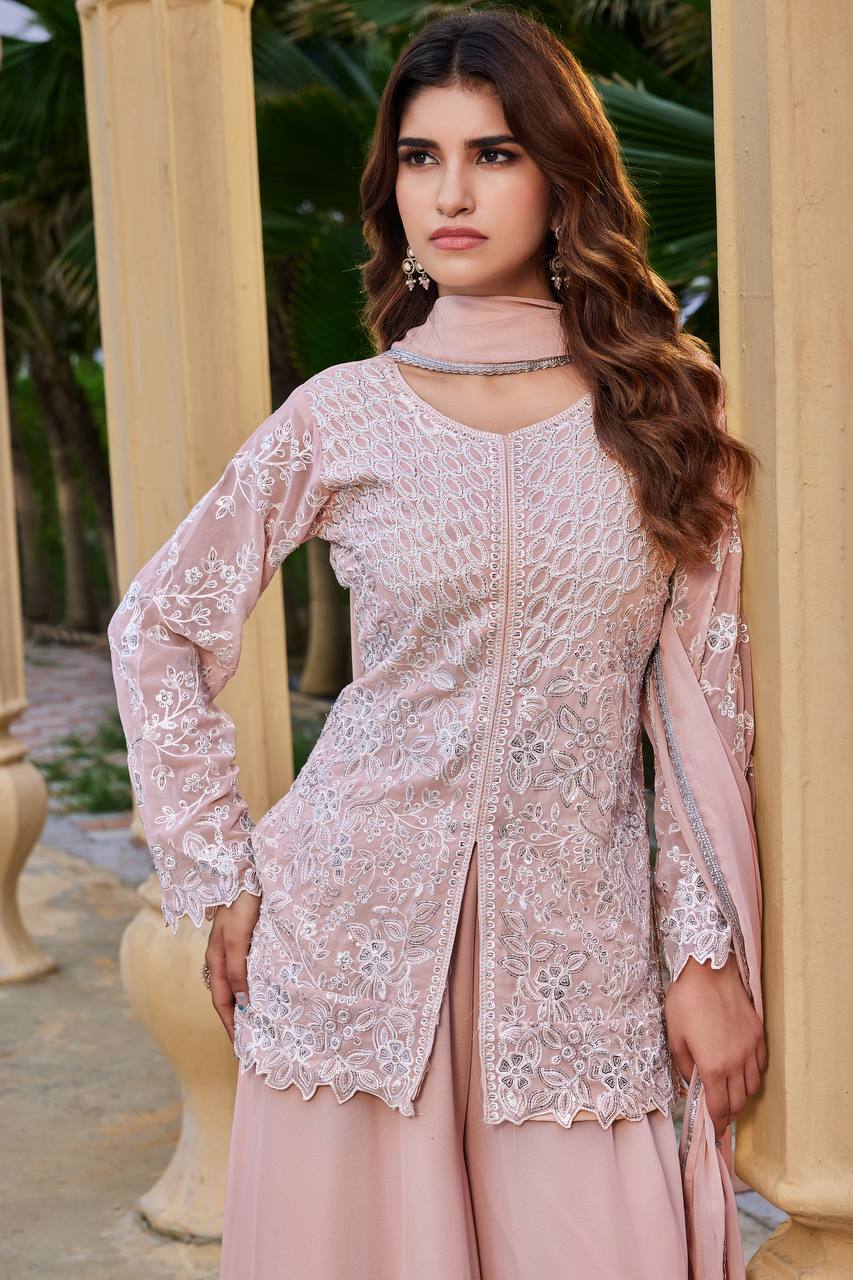 Peach Elegant Heavy Embroidered Palazzo Set ✨