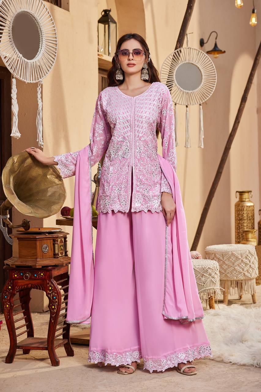 Pink Embroided Elegant Farshi Palazzo 3-Piece Set