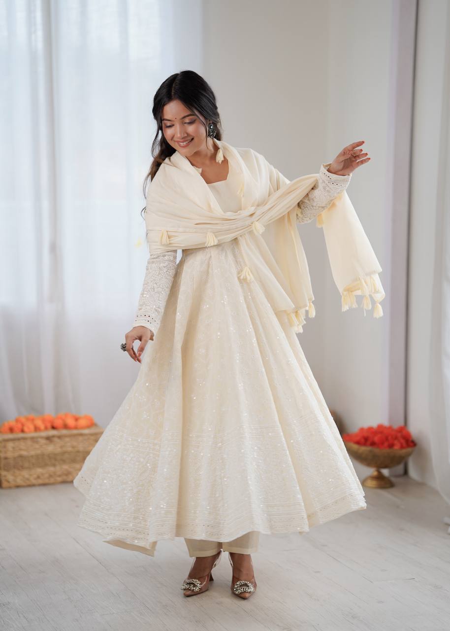 Pure Kora Cotton Schiffli Work Anarkali Set for Women | Festive Ready-to-Wear Suit