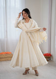 Pure Kora Cotton Schiffli Work Anarkali Set for Women | Festive Ready-to-Wear Suit