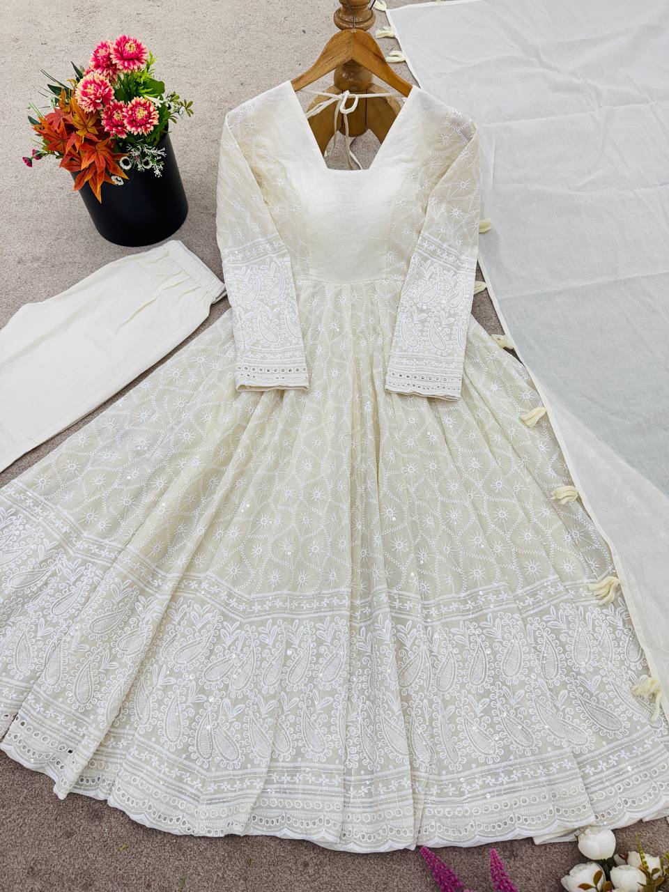 Pure Kora Cotton Schiffli Work Anarkali Set for Women | Festive Ready-to-Wear Suit
