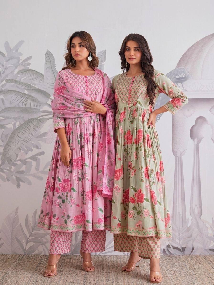 Ruhi Floral Printed Pure Jaipuri Cotton Anarkali Suit Set with Dupatta