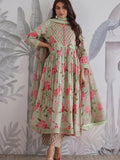 Ruhi Floral Printed Green Jaipuri Cotton Anarkali Suit Set
