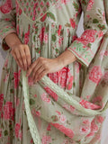 Ruhi Floral Printed Green Jaipuri Cotton Anarkali Suit Set