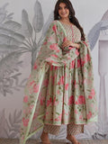 Ruhi Floral Printed Green Jaipuri Cotton Anarkali Suit Set