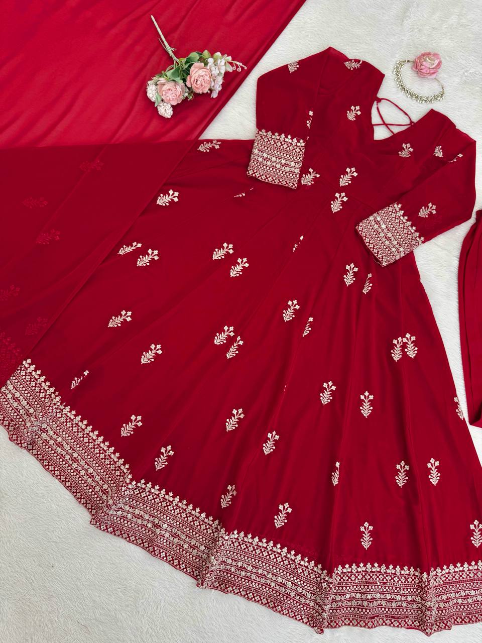 Embroidered Faux Georgette Anarkali Suit Set with Pant & Dupatta