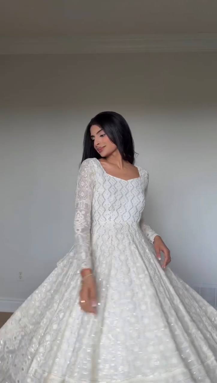 White Embroidered Faux Georgette Gown Set with Pant &amp; Lace Dupatta