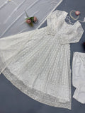 White Embroidered Faux Georgette Gown Set with Pant &amp; Lace Dupatta