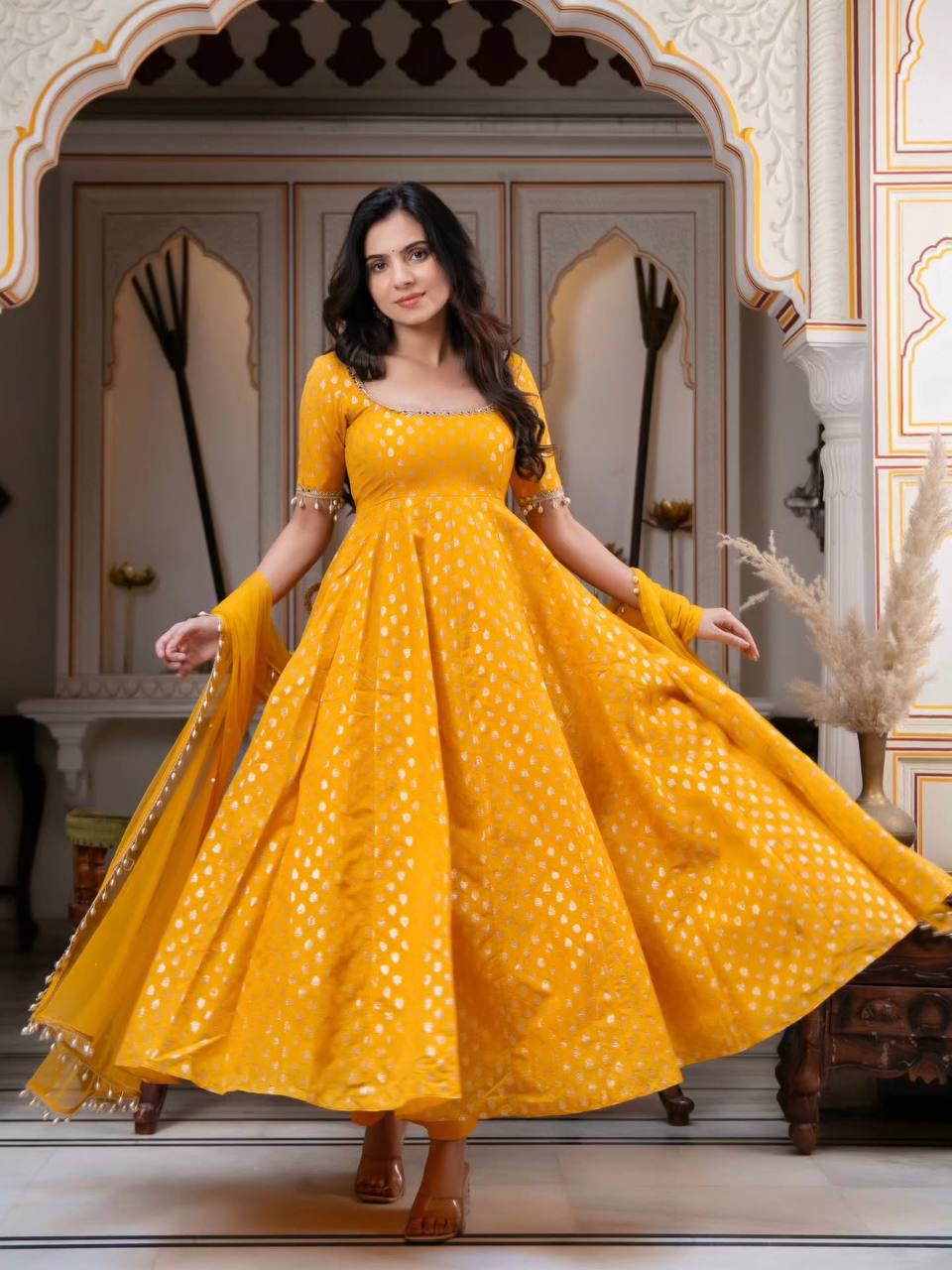Chanderi Jacquard Butti Anarkali Kurta Set with Pant &amp; Dupatta