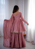 Mal Chanderi Mirror Work Kurta Set with Sharara Palazzo & Dupatta