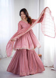Mal Chanderi Mirror Work Kurta Set with Sharara Palazzo & Dupatta