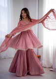 Mal Chanderi Mirror Work Kurta Set with Sharara Palazzo & Dupatta