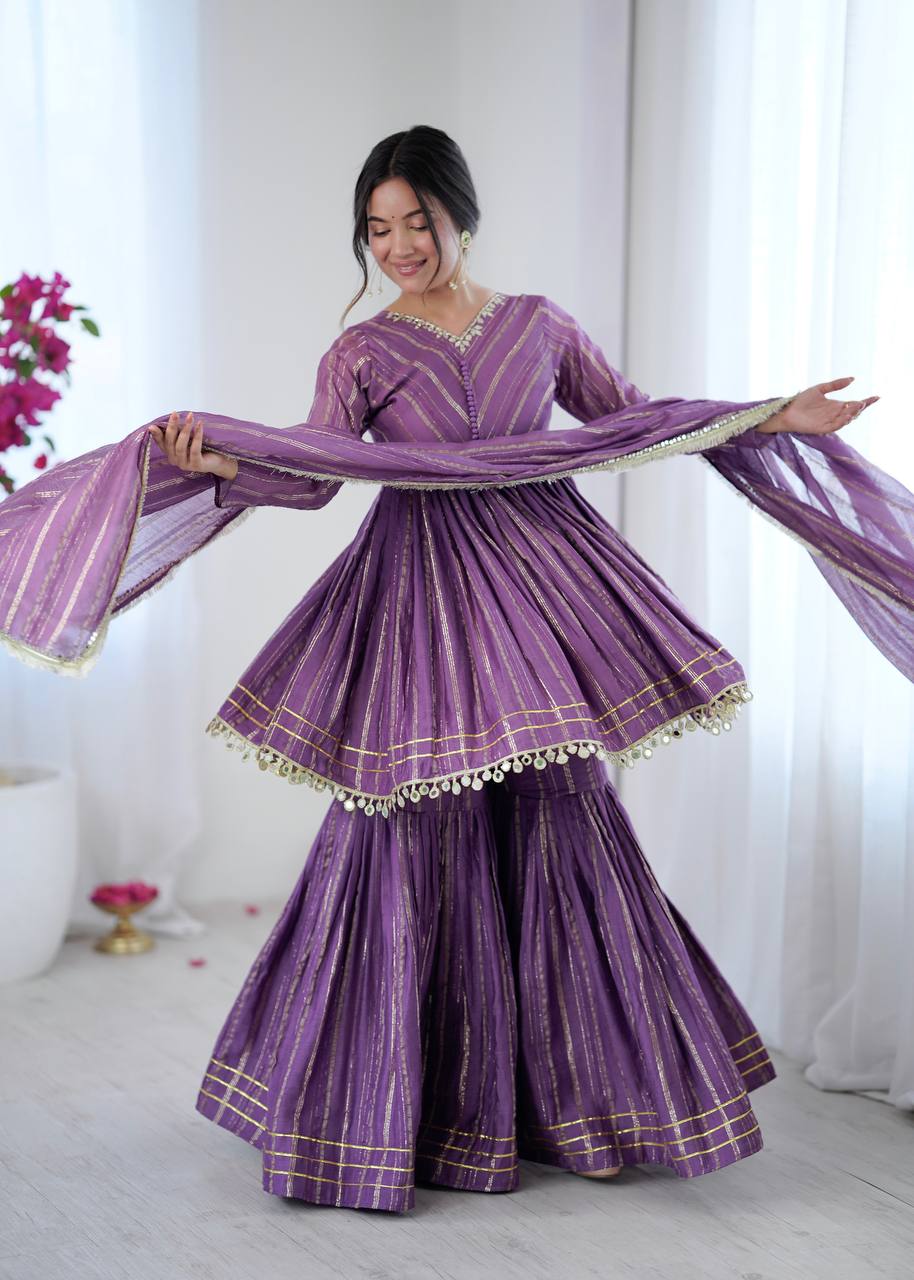 Mal Chanderi Mirror Work Kurta Set with Sharara Palazzo & Dupatta