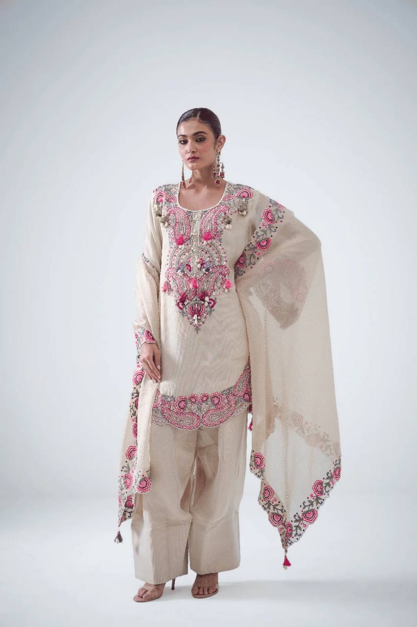 Georgette embroidery Kurta Set with Farshi Pants & Dupatta