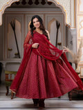 Chanderi Jacquard Butti Anarkali Suit Set with Pant &amp; Soft Net Dupatta