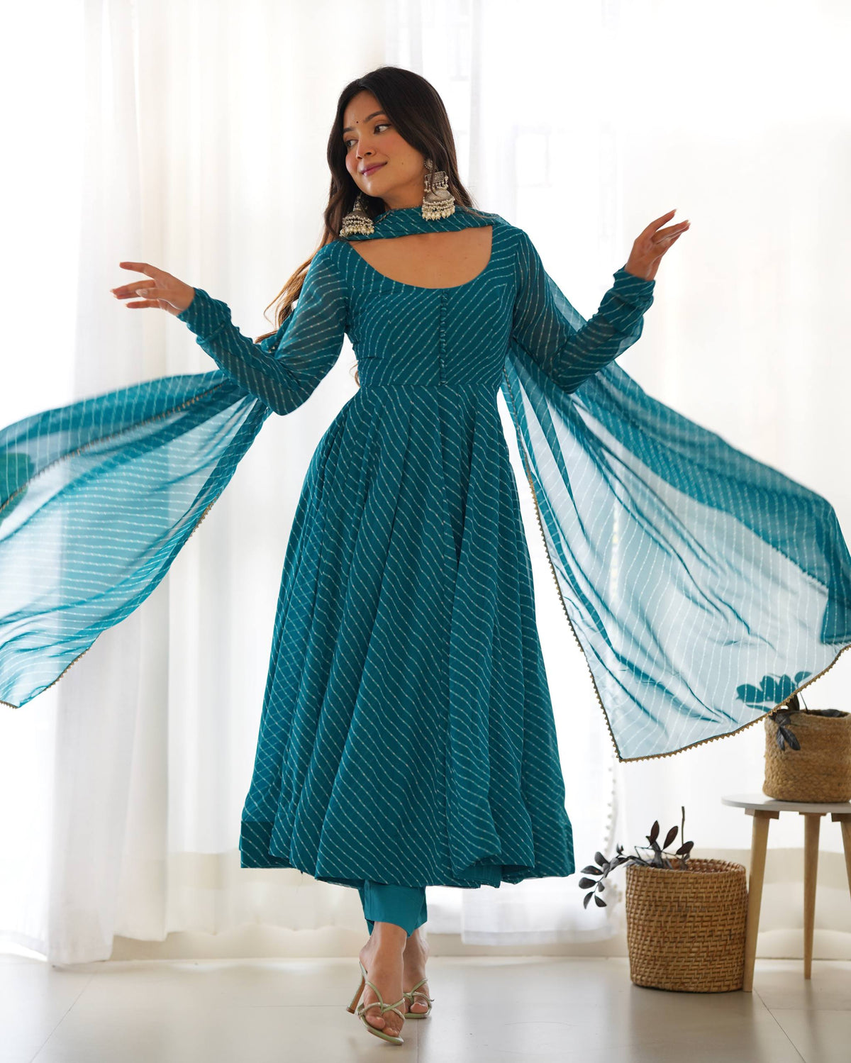 Rama blue Roman Silk Chanderi Anarkali Set