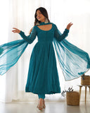 Rama blue Roman Silk Chanderi Anarkali Set