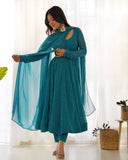 Rama blue Roman Silk Chanderi Anarkali Set
