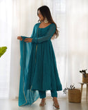 Rama blue Roman Silk Chanderi Anarkali Set
