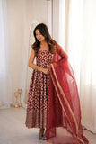 Embroidered Chanderi Jacquard Butti Anarkali Suit Set with Pant &amp; Soft Net Dupatta