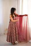 Embroidered Chanderi Jacquard Butti Anarkali Suit Set with Pant &amp; Soft Net Dupatta