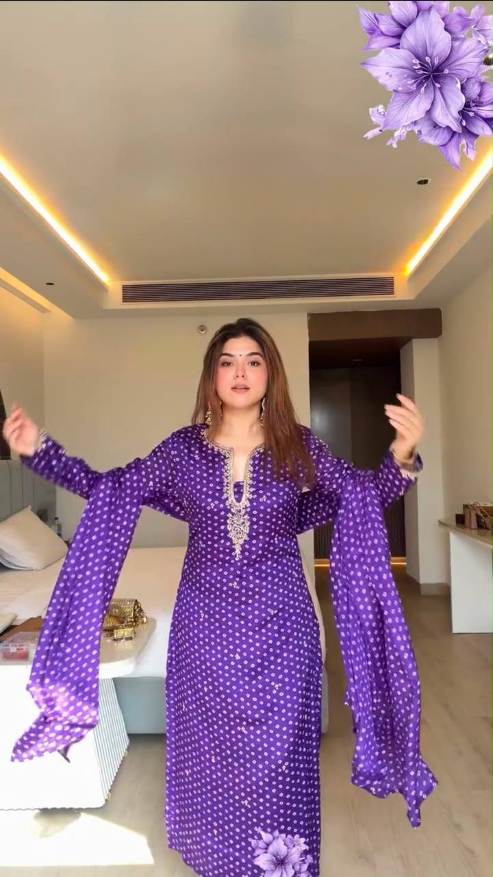 Elegant  Dark Purple Bhandhni Satin Georgette 3-Piece Set