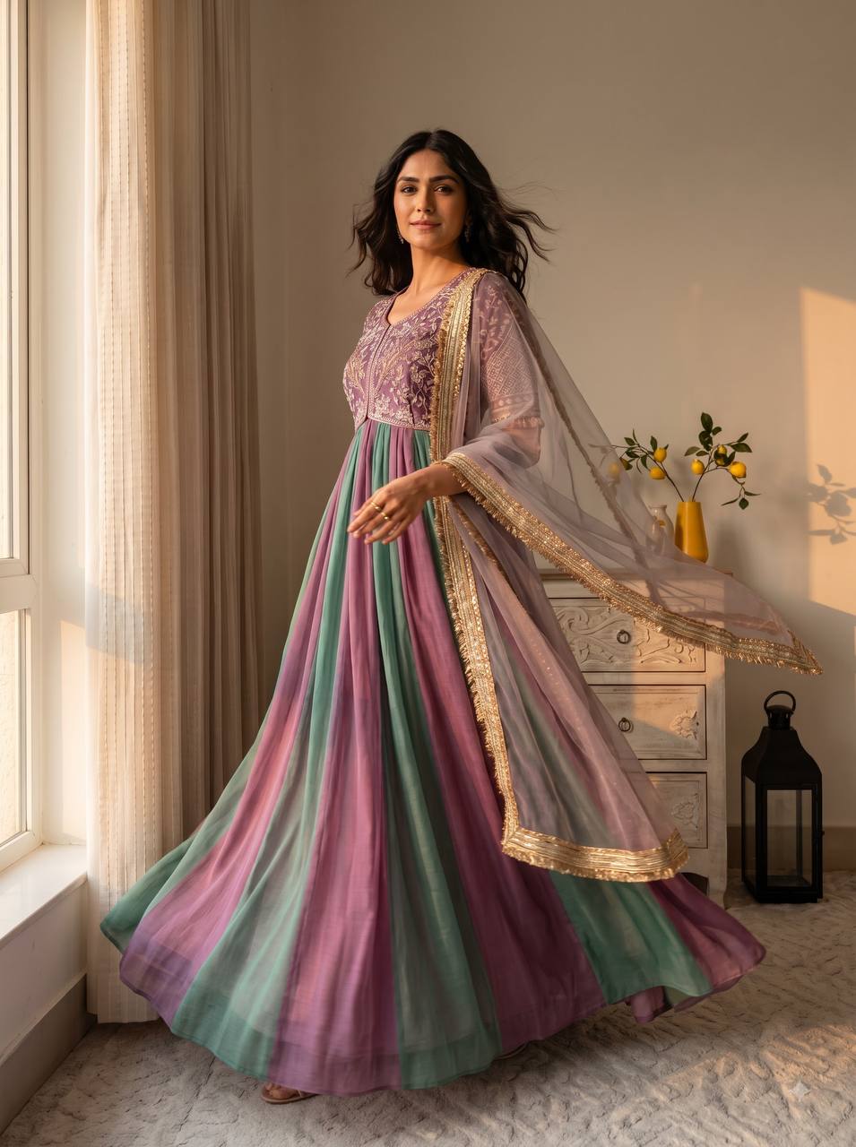 Elegant Embroidered purple Silk Gown Set
