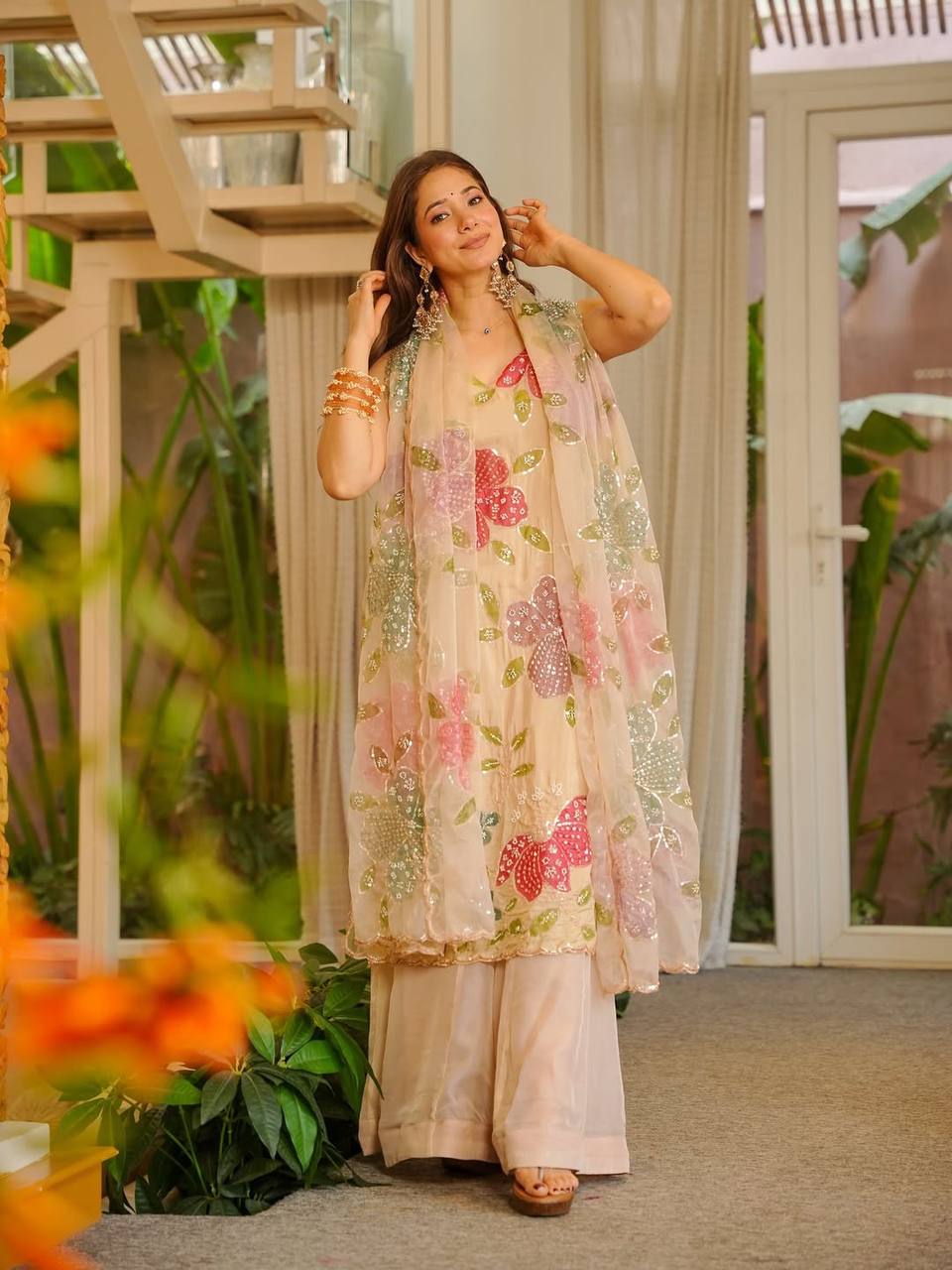 Elegant Organza Silk Kurta Set with Plazzo &amp; Dupatta