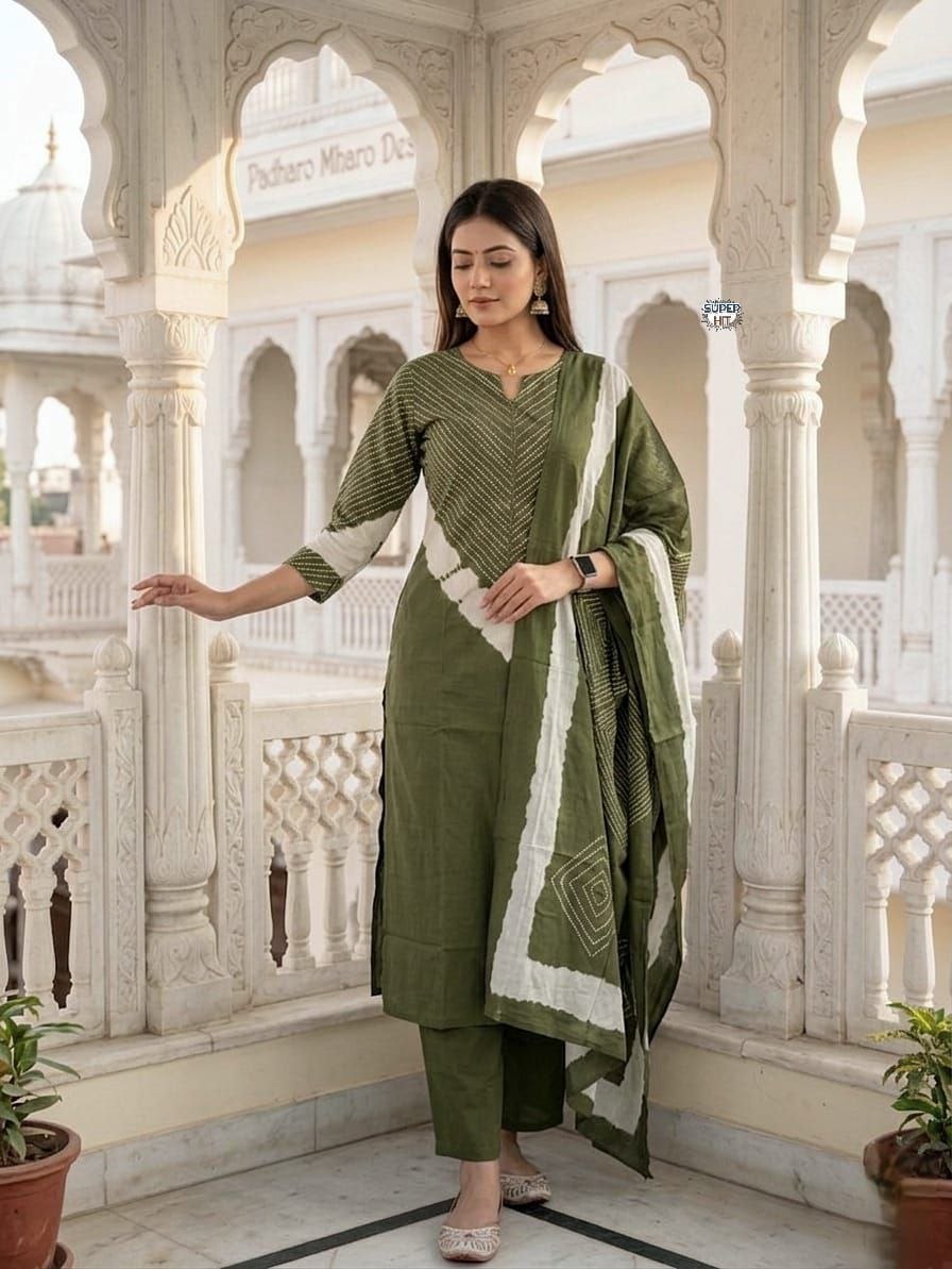 Festive Cotton green lehriya  Kurta Sets