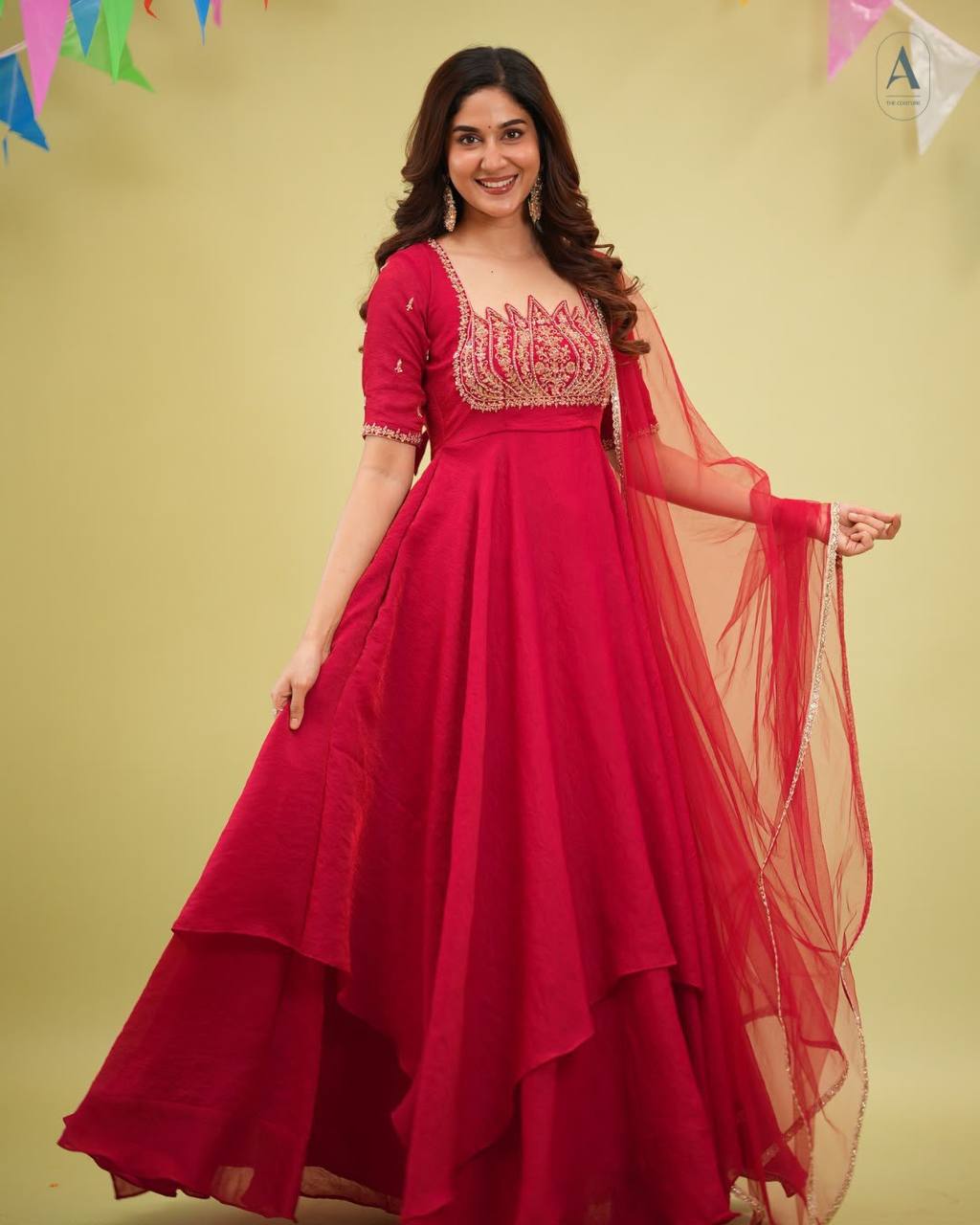 RED DESIGNER FANCY CRUSH SILK EMBROIDERED GOWN WITH DUPATTA