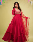 RED DESIGNER FANCY CRUSH SILK EMBROIDERED GOWN WITH DUPATTA