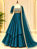 BLUE DESIGNER FANCY CRUSH SILK EMBROIDERED GOWN WITH DUPATTA